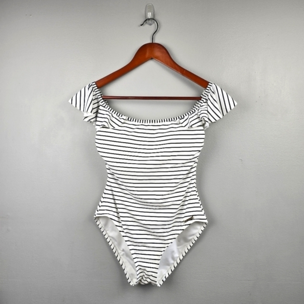 Vince Camuto Swim One-Piece Off Shoulders Bathing Suit Striped Black White Sz 6